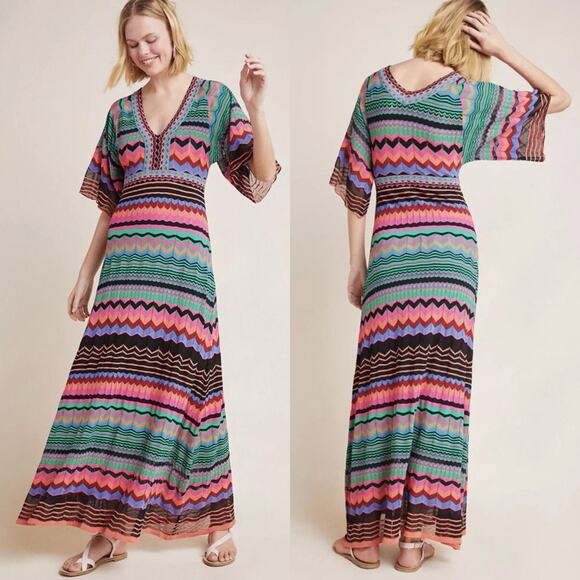 Aldo Martins Anthropologie Contrera Knit Colorful Maxi Dress Chevron V-Neck XS - Picture 1 of 7